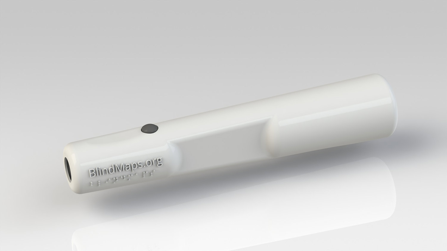 3D Rendering of the white cane's grip interface showing 1 buttons on the grip and an area for the fingers where vibrations will happen for tactile output